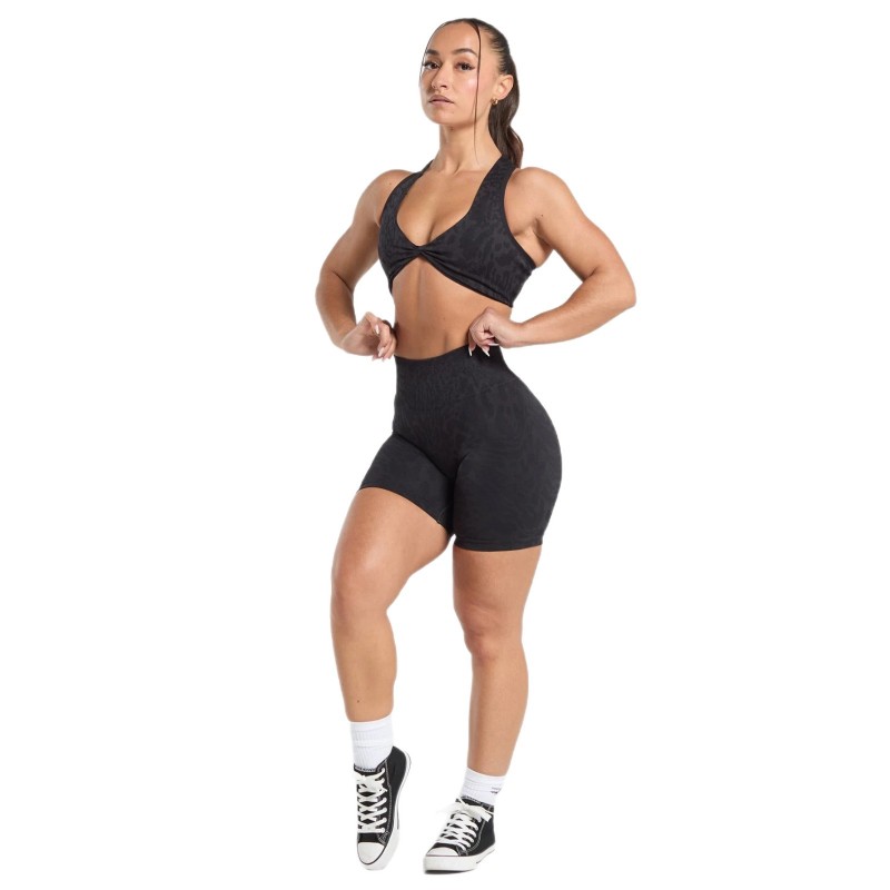 Shark-inspired leopard print seamless breathable yoga pants, running and fitness shorts, outdoor twisted back yoga bra for women.