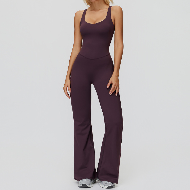Zechuang Cross-border Brushed Yoga Suit Crossback Slightly Flared Wide-Leg Jumpsuit Running Sports Fitness Suit Women's 9506