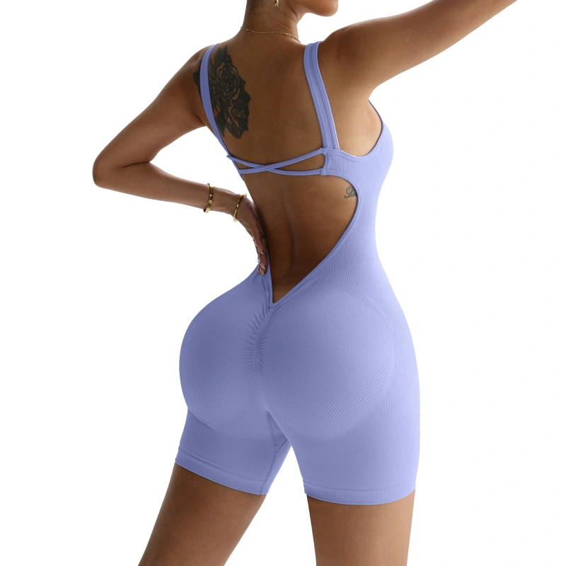 Seamless Cross-Back Yoga Bodysuit-Women's Lightweight Nylon/Spandex Fitness Shorts Sweat-Wicking Quick Dry for Gym Sports