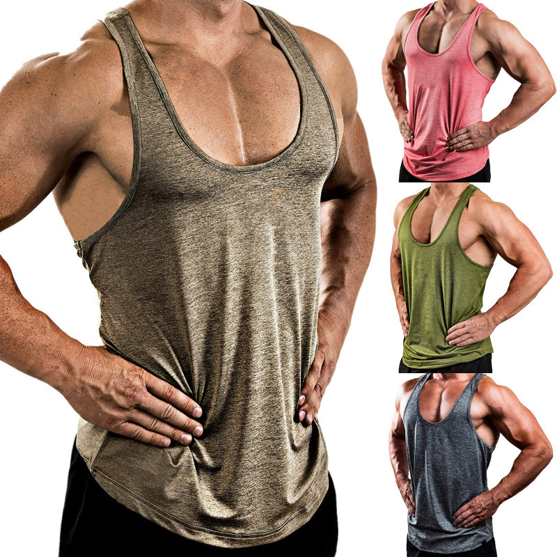 Muscular cross-border European and American brothers men's solid color V-neck sleeveless top T-shirt sports fitness vest one piece dropshipping