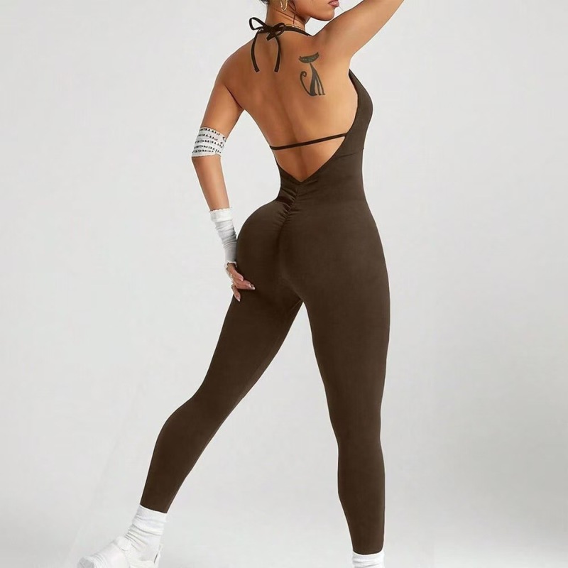 Cross-border halter neck backless sports bodysuit women's pleated design high waist hip lifting yoga fitness wear slimming bodysuit