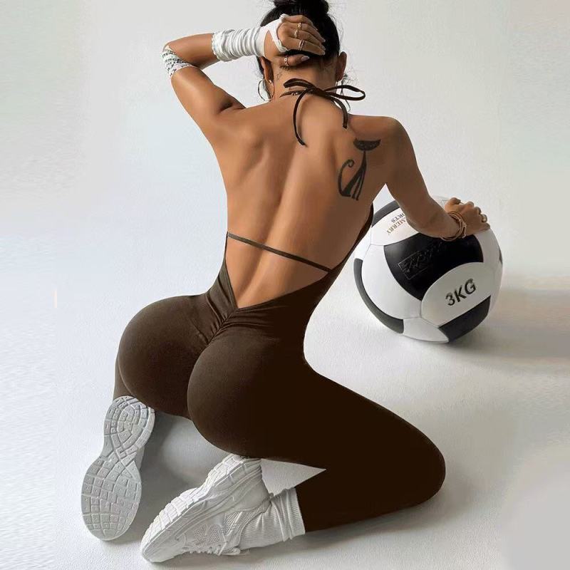 Cross-border halter neck backless sports bodysuit women's pleated design high waist hip lifting yoga fitness wear slimming bodysuit