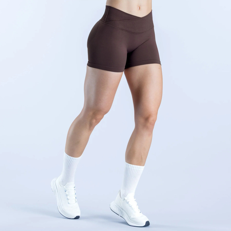 Seamless yoga shorts with matte finish, cross-waist design, ruched, low-rise, hip-lifting leggings, available on Amazon cross-border e-commerce platforms.