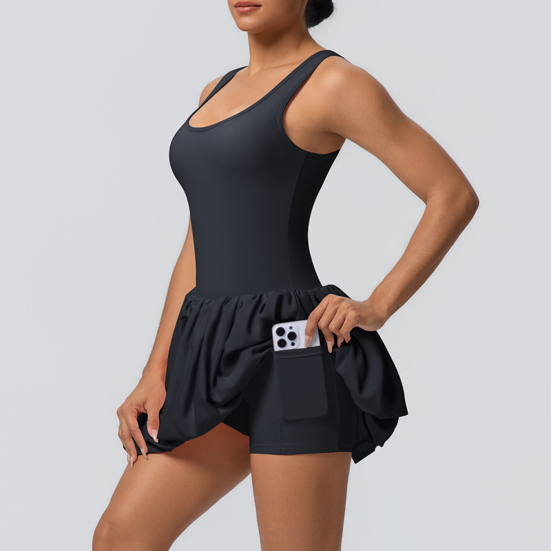 New cross-border European and American style nude-feel faux two-piece sports dress, anti-exposure base layer, outdoor running fitness tennis skirt