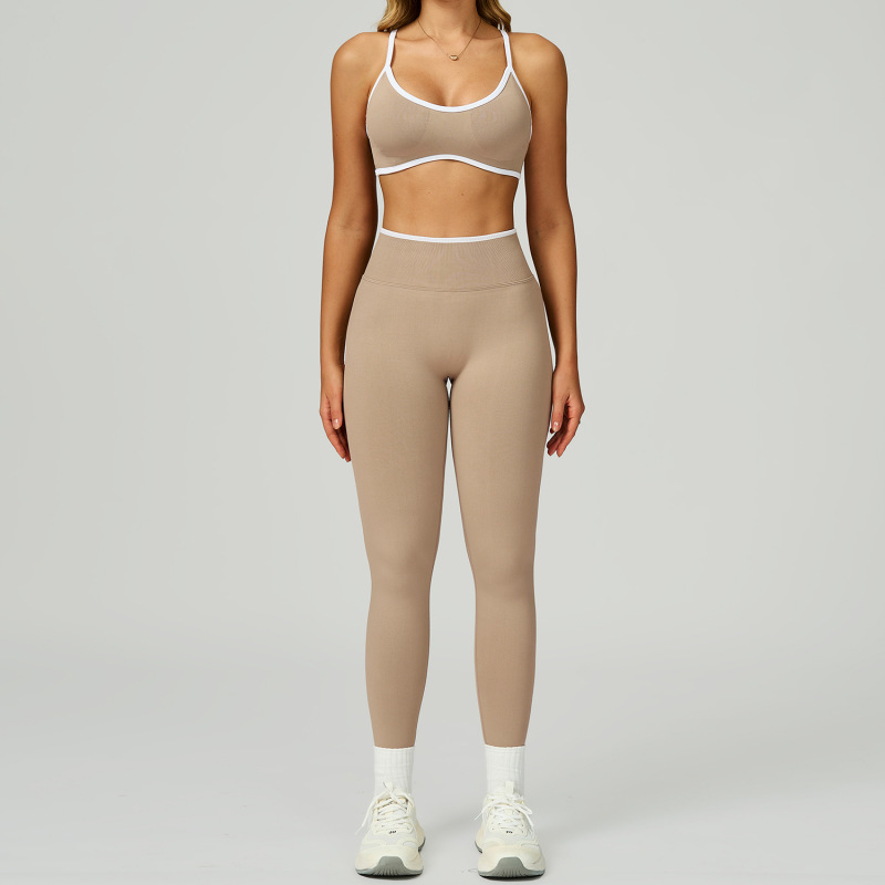 Cross-border seamless color-blocked yoga set, hollow back, high-waisted fitness wear, outdoor running sports set for women, 9245