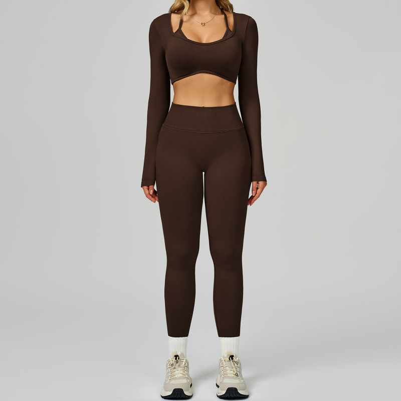 Cross-border seamless color-blocked yoga set, hollow back, high-waisted fitness wear, outdoor running sports set for women, 9245