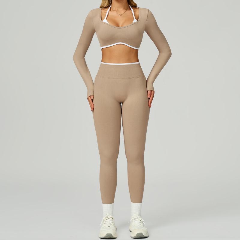 Cross-border seamless color-blocked yoga set, hollow back, high-waisted fitness wear, outdoor running sports set for women, 9245