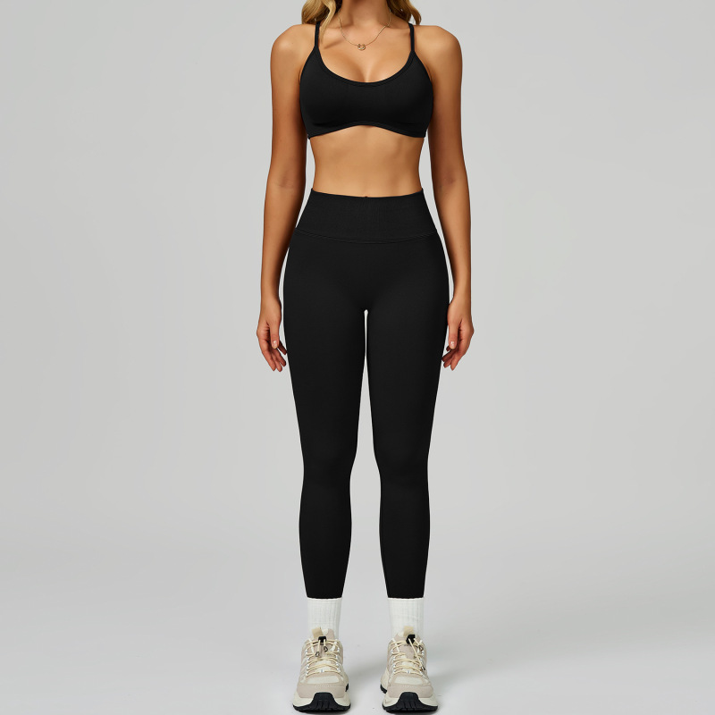 Cross-border seamless color-blocked yoga set, hollow back, high-waisted fitness wear, outdoor running sports set for women, 9245