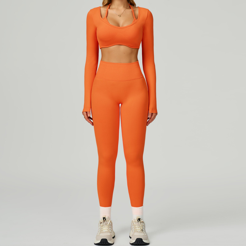 Cross-border seamless color-blocked yoga set, hollow back, high-waisted fitness wear, outdoor running sports set for women, 9245