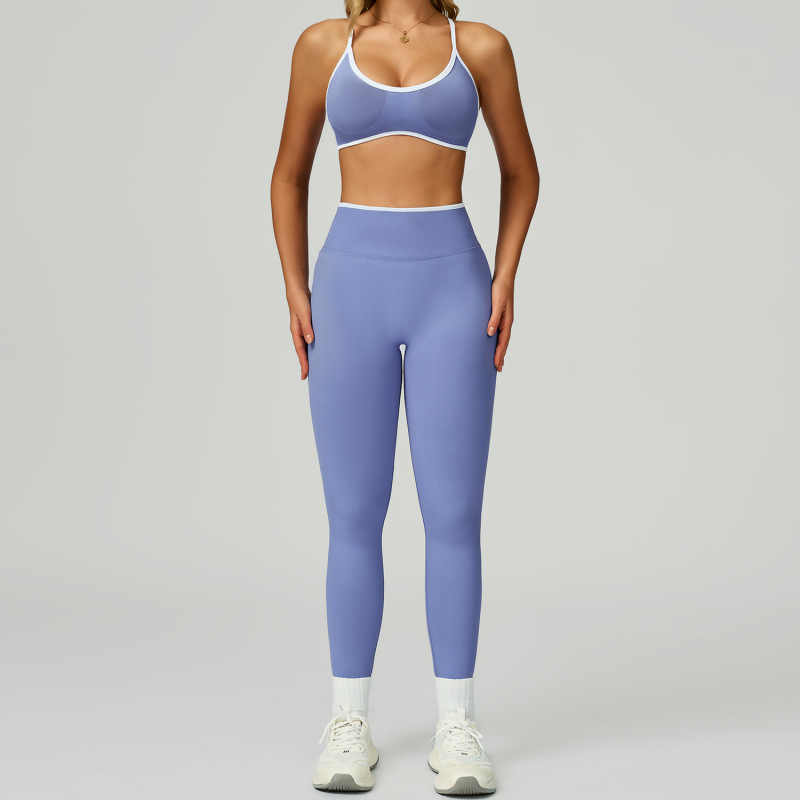 Cross-border seamless color-blocked yoga set, hollow back, high-waisted fitness wear, outdoor running sports set for women, 9245