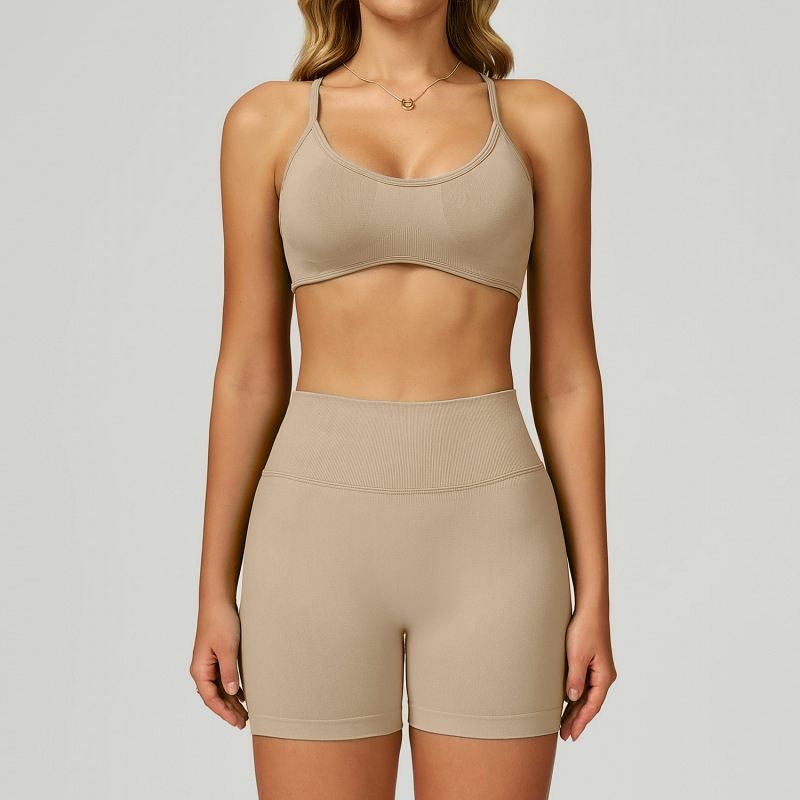 Cross-border seamless color-blocked yoga set, hollow back, high-waisted fitness wear, outdoor running sports set for women, 9245
