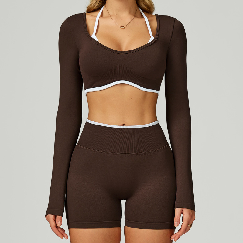 Cross-border seamless color-blocked yoga set, hollow back, high-waisted fitness wear, outdoor running sports set for women, 9245
