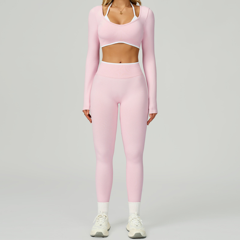 Cross-border seamless color-blocked yoga set, hollow back, high-waisted fitness wear, outdoor running sports set for women, 9245