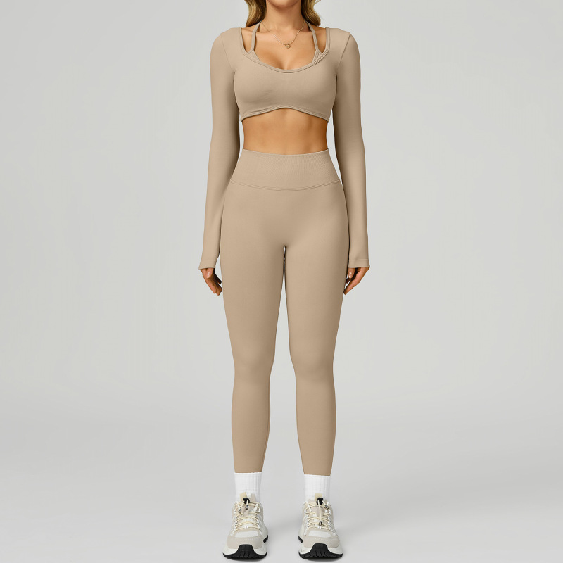 Cross-border seamless color-blocked yoga set, hollow back, high-waisted fitness wear, outdoor running sports set for women, 9245