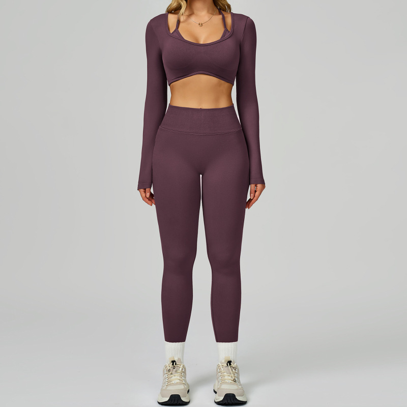 Cross-border seamless color-blocked yoga set, hollow back, high-waisted fitness wear, outdoor running sports set for women, 9245