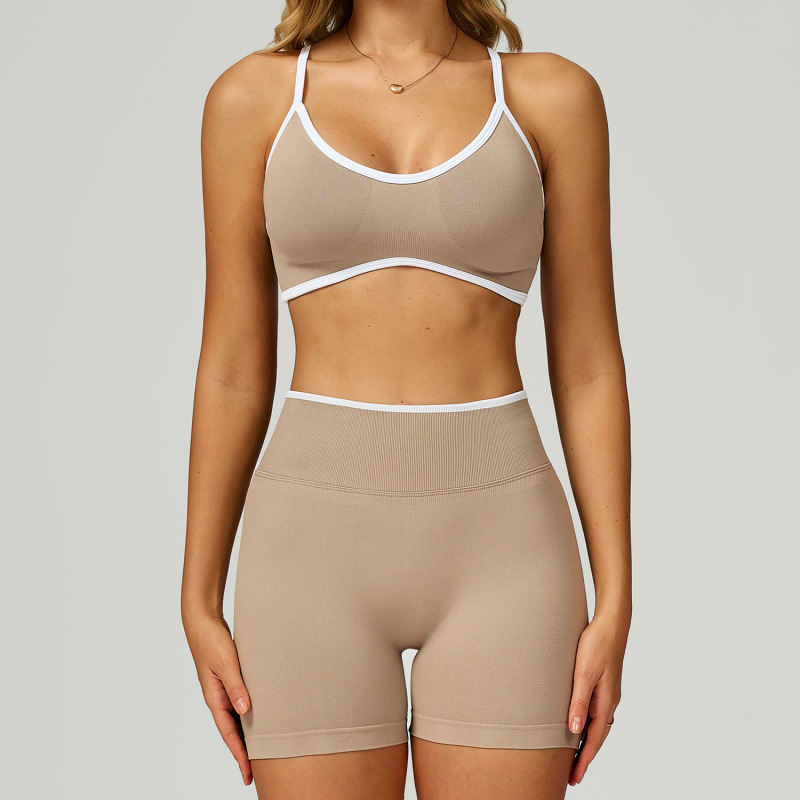 Cross-border seamless color-blocked yoga set, hollow back, high-waisted fitness wear, outdoor running sports set for women, 9245