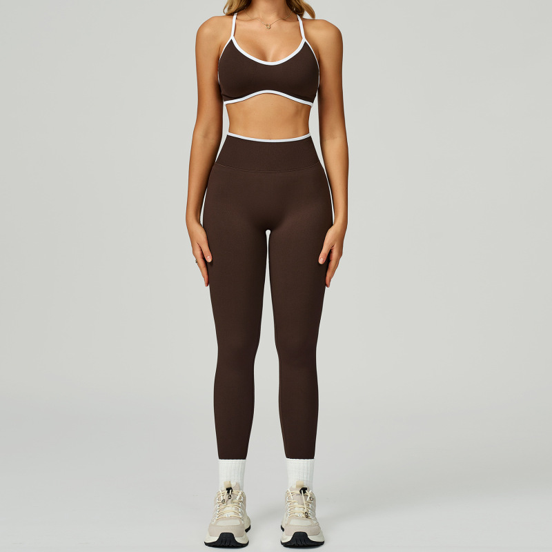 Cross-border seamless color-blocked yoga set, hollow back, high-waisted fitness wear, outdoor running sports set for women, 9245