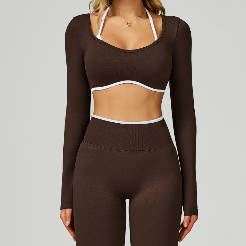 Zechuang Seamless Color Block Yoga Long-Sleeve Faux Two-Piece Short Slim Fit Yoga T-Shirt Running Sports Fitness Apparel 9245