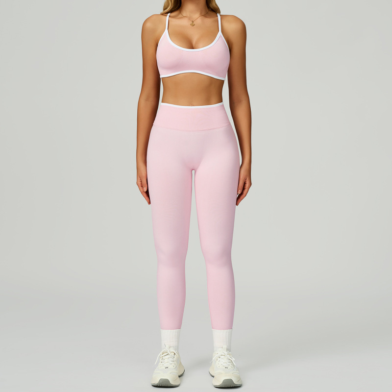 Cross-border seamless color-blocked yoga set, hollow back, high-waisted fitness wear, outdoor running sports set for women, 9245