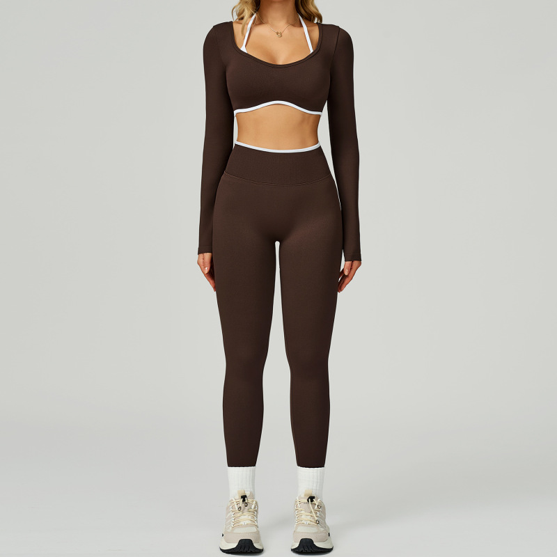 Cross-border seamless color-blocked yoga set, hollow back, high-waisted fitness wear, outdoor running sports set for women, 9245