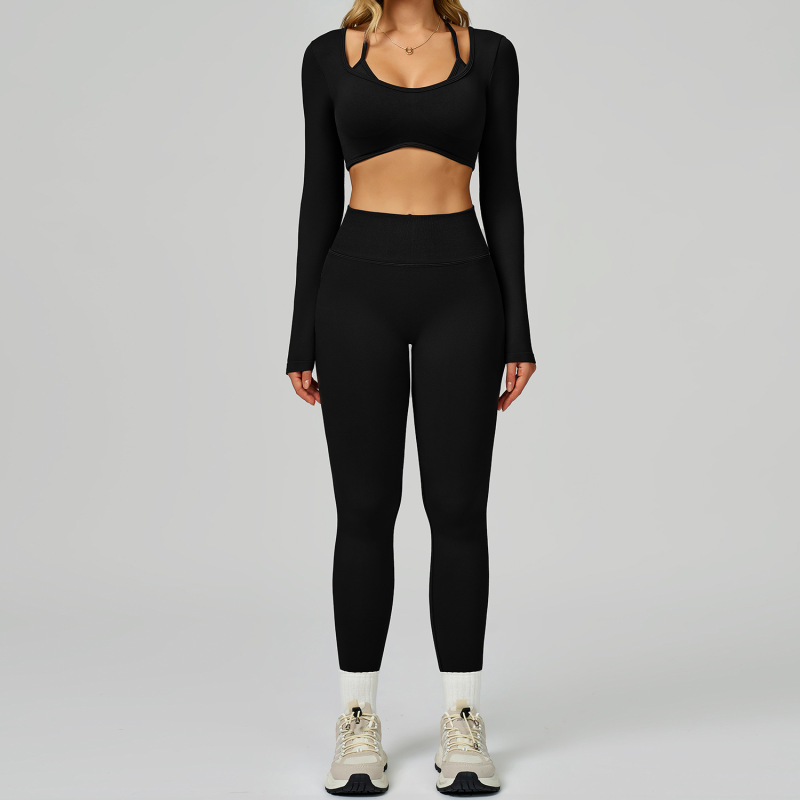 Cross-border seamless color-blocked yoga set, hollow back, high-waisted fitness wear, outdoor running sports set for women, 9245