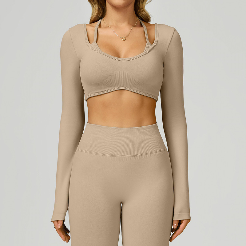 Zechuang Seamless Color Block Yoga Long-Sleeve Faux Two-Piece Short Slim Fit Yoga T-Shirt Running Sports Fitness Apparel 9245