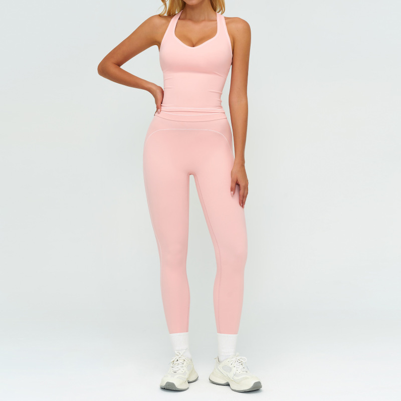 Zechuang Color Block Brushed Yoga Set with Double Shoulder Straps - High-End Sportswear for Women, Running and Exercise Set 7028