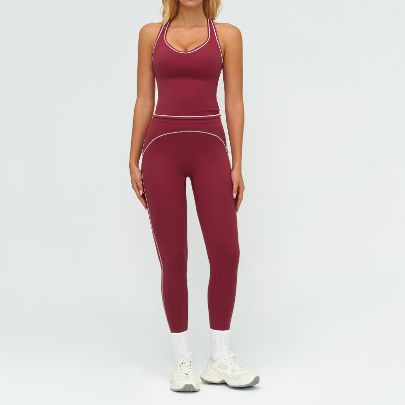 Zechuang Color Block Brushed Yoga Set with Double Shoulder Straps - High-End Sportswear for Women, Running and Exercise Set 7028