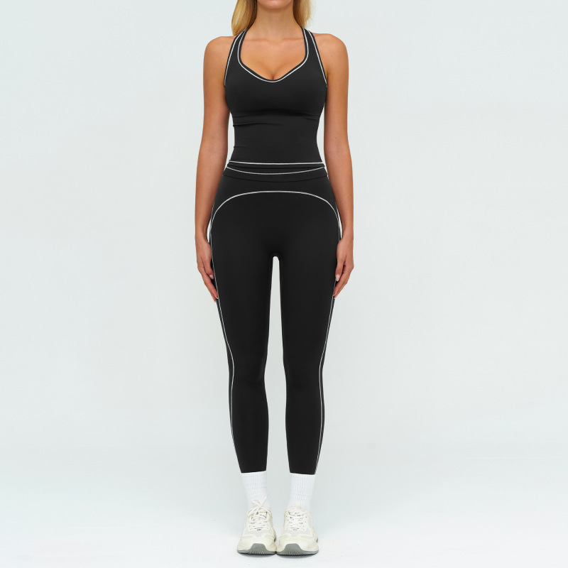 Zechuang Color Block Brushed Yoga Set with Double Shoulder Straps - High-End Sportswear for Women, Running and Exercise Set 7028