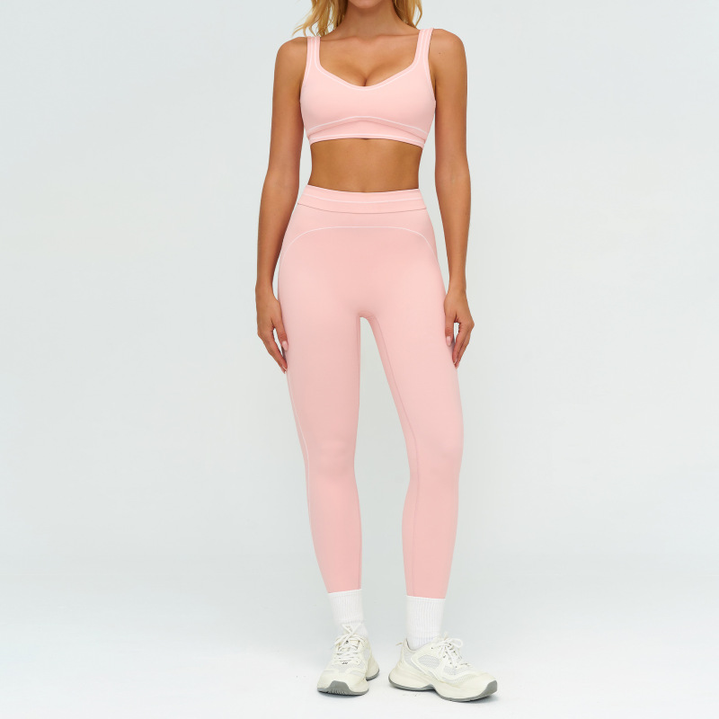 Zechuang Color Block Brushed Yoga Set with Double Shoulder Straps - High-End Sportswear for Women, Running and Exercise Set 7028
