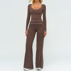 7028 long-sleeved shirt + 7028-2 wide-leg pants - dark brown