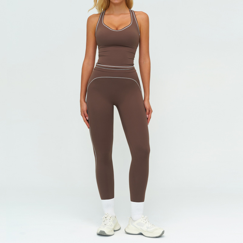 Zechuang Color Block Brushed Yoga Set with Double Shoulder Straps - High-End Sportswear for Women, Running and Exercise Set 7028