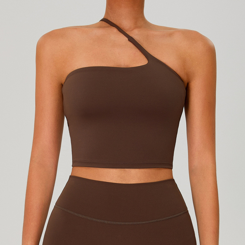 New European and American style thin strap off-shoulder yoga bra for women, wearable as outerwear, unique one-shoulder wrap, nude feel, fitness, sports, beautiful back.