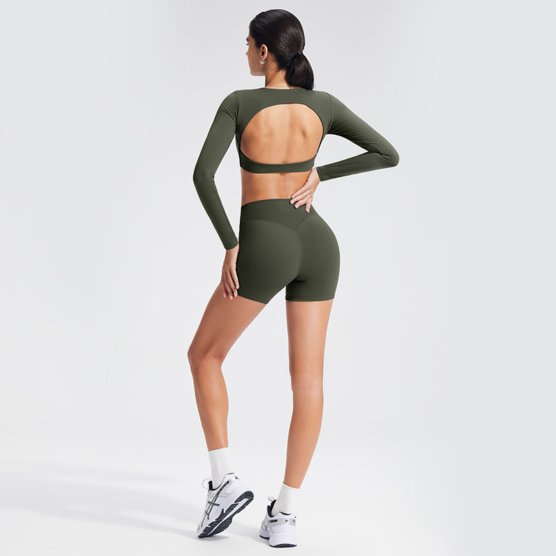 Cross-border brushed yoga set, hollowed-out backless sports long-sleeved T-shirt with bra pads, outdoor fitness wear set for women.