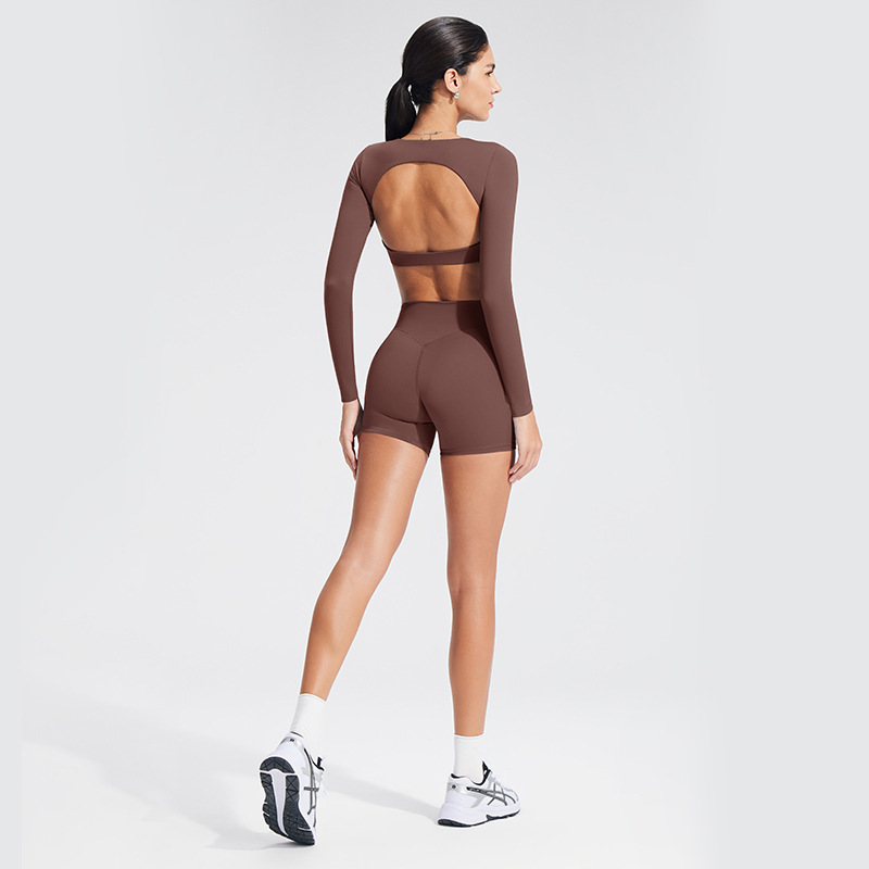 Cross-border brushed yoga set, hollowed-out backless sports long-sleeved T-shirt with bra pads, outdoor fitness wear set for women.