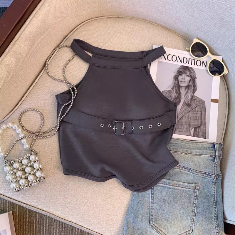 Cross-border hot girl round neck yoga vest design fitness belt buckle outerwear sleeveless exposed squeeze sports top women's