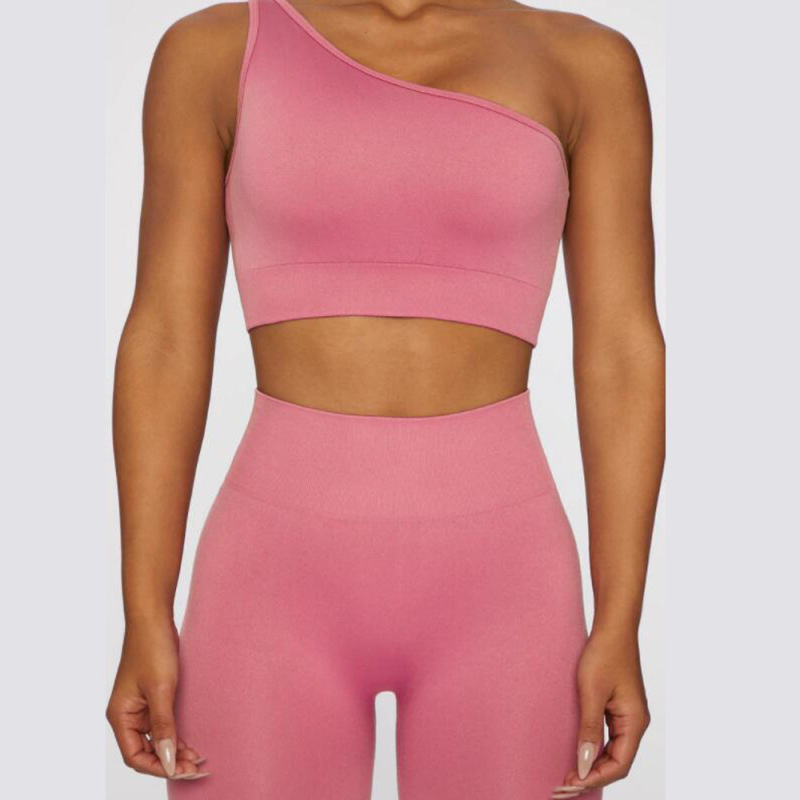 Cross-border trendy off-shoulder strap sports bra seamless fitness hip-lifting leggings knit yoga wear women's set