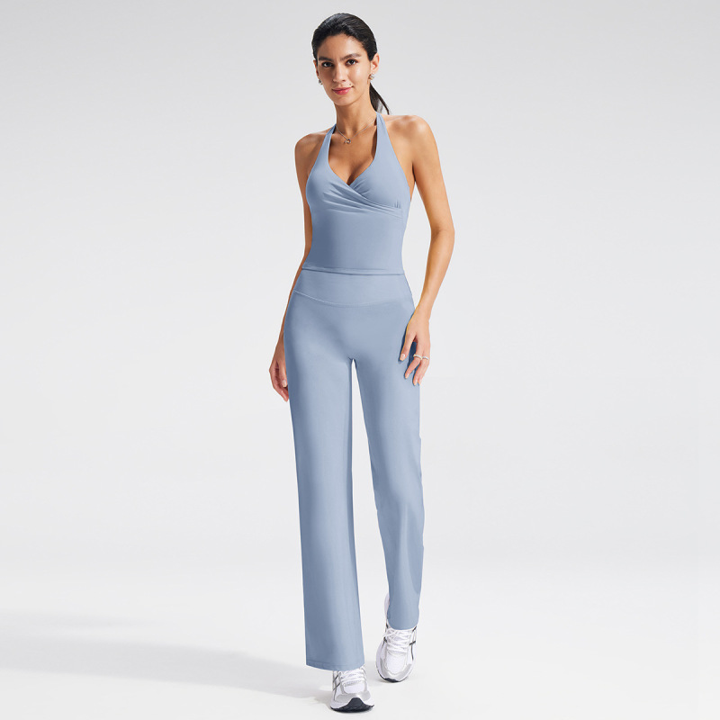 Cross-border V-neck halter neck yoga vest set with detachable cups, sports vest, backless design, casual fitness yoga outfit.