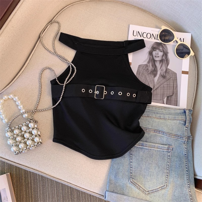 Cross-border hot girl round neck yoga vest design fitness belt buckle outerwear sleeveless exposed squeeze sports top women's