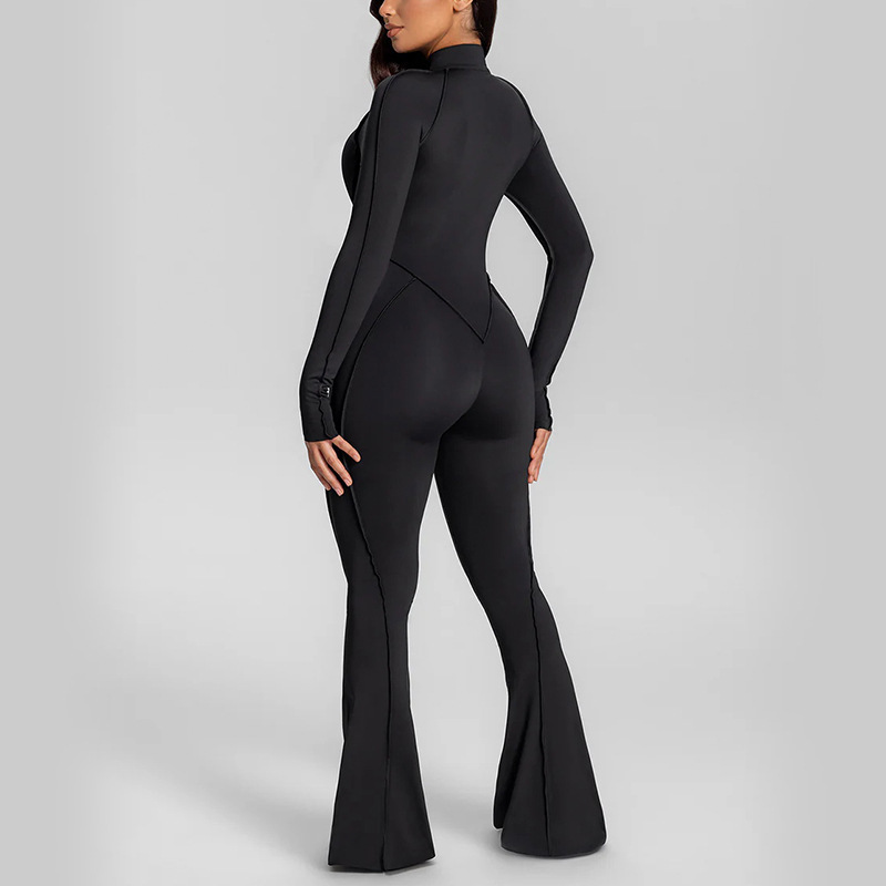 European and American sexy bodysuit, high-end fashion jumpsuit with stripes and zipper, long sleeves, yoga style.