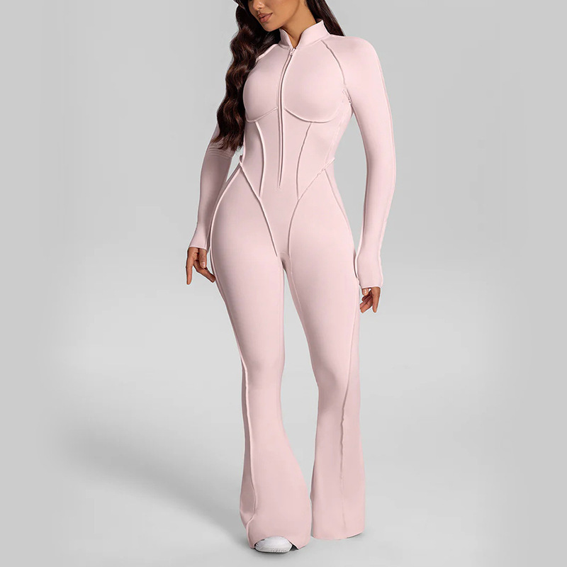 European and American sexy bodysuit, high-end fashion jumpsuit with stripes and zipper, long sleeves, yoga style.