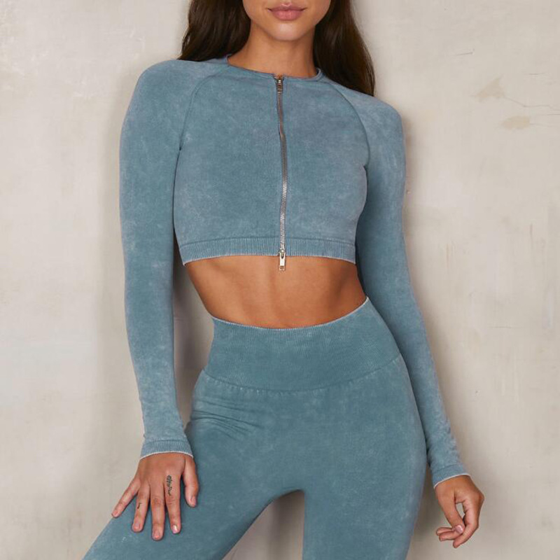 In stock! Sand-washed faux denim seamless knit yoga wear for women, European and American style, double zipper long-sleeved sports fitness set.