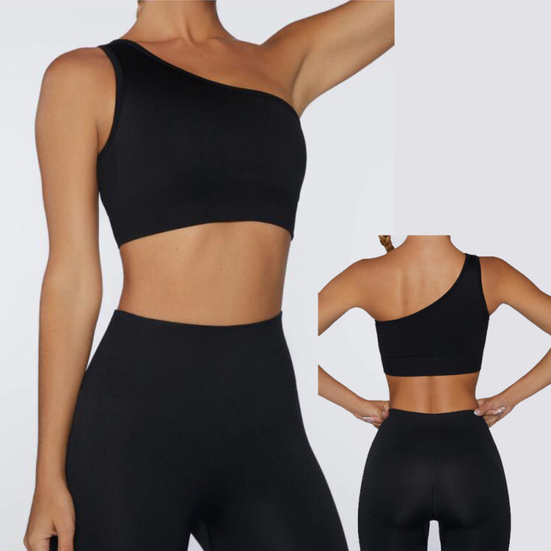 Cross-border trendy off-shoulder strap sports bra seamless fitness hip-lifting leggings knit yoga wear women's set