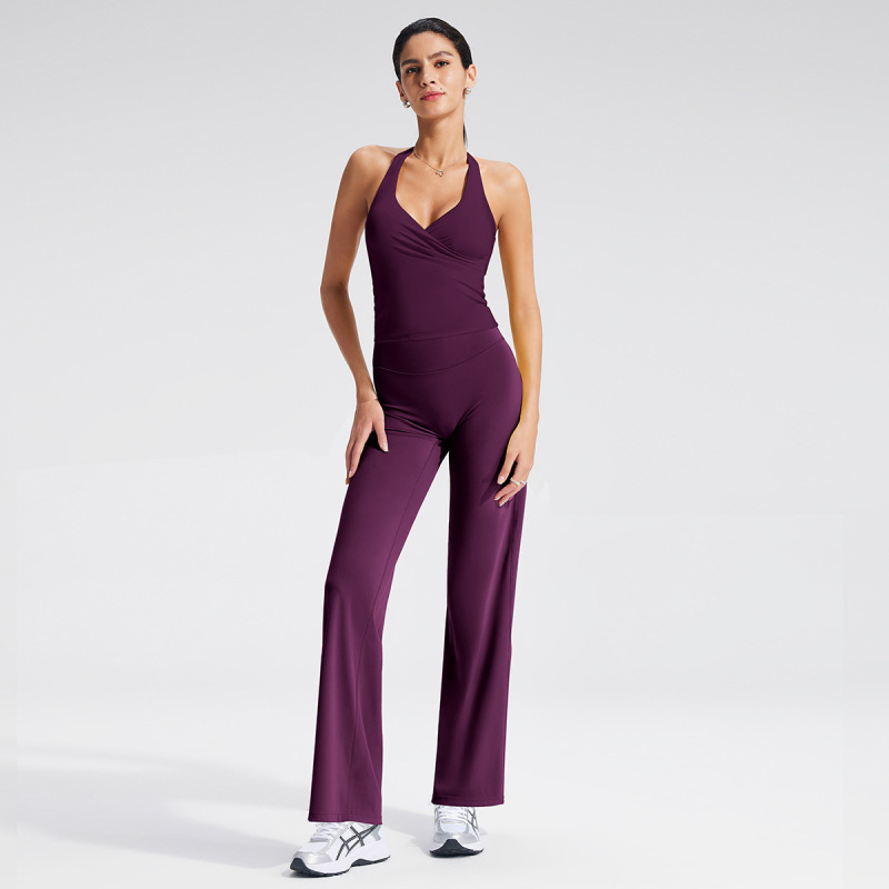 Cross-border V-neck halter neck yoga vest set with detachable cups, sports vest, backless design, casual fitness yoga outfit.