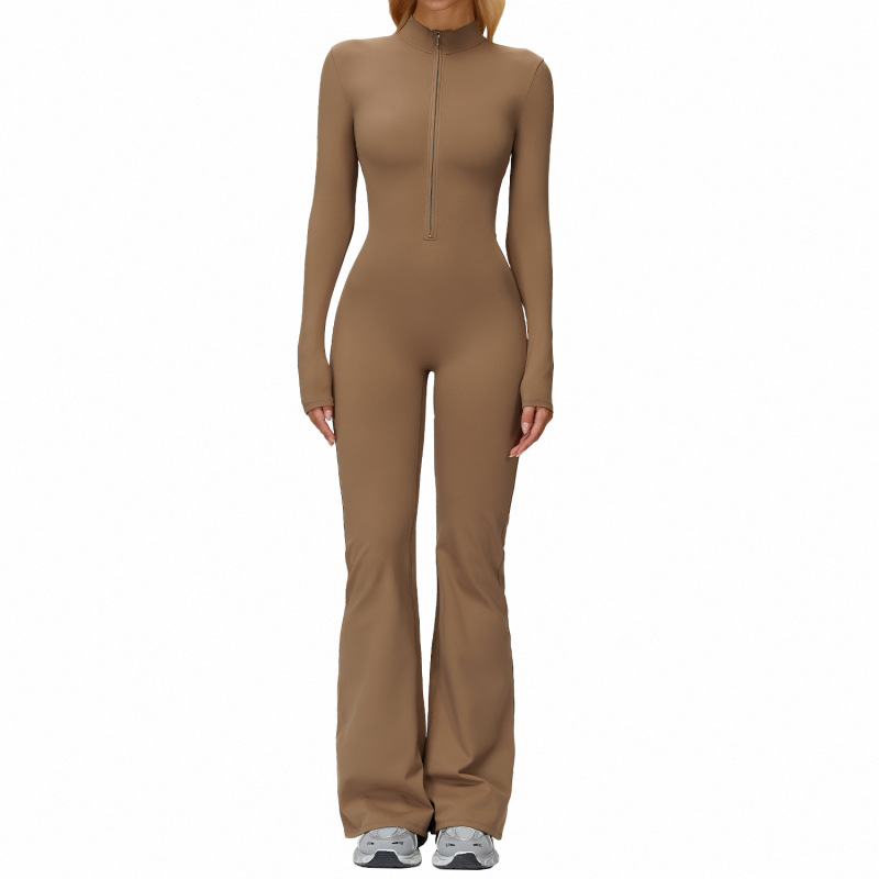 Zechuang Autumn/Winter Fleece-Lined Onesie Stand Collar Warm Yoga Bodysuit Wide Leg Running Fitness Suit 9527