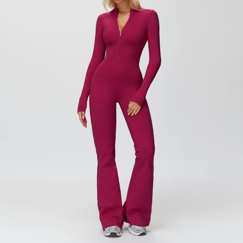 Zechuang Autumn/Winter Fleece-Lined Onesie Stand Collar Warm Yoga Bodysuit Wide Leg Running Fitness Suit 9527