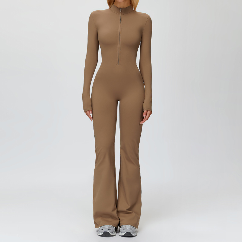 Zechuang Autumn/Winter Fleece-Lined Onesie Stand Collar Warm Yoga Bodysuit Wide Leg Running Fitness Suit 9527