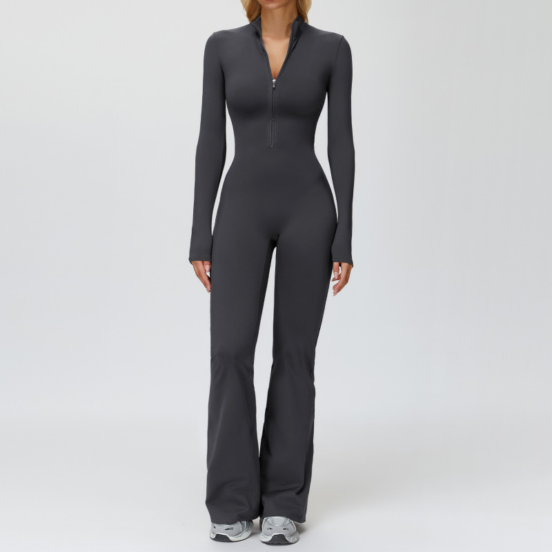 Zechuang Autumn/Winter Fleece-Lined Onesie Stand Collar Warm Yoga Bodysuit Wide Leg Running Fitness Suit 9527