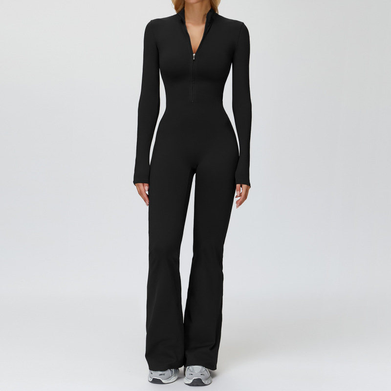Zechuang Autumn/Winter Fleece-Lined Onesie Stand Collar Warm Yoga Bodysuit Wide Leg Running Fitness Suit 9527