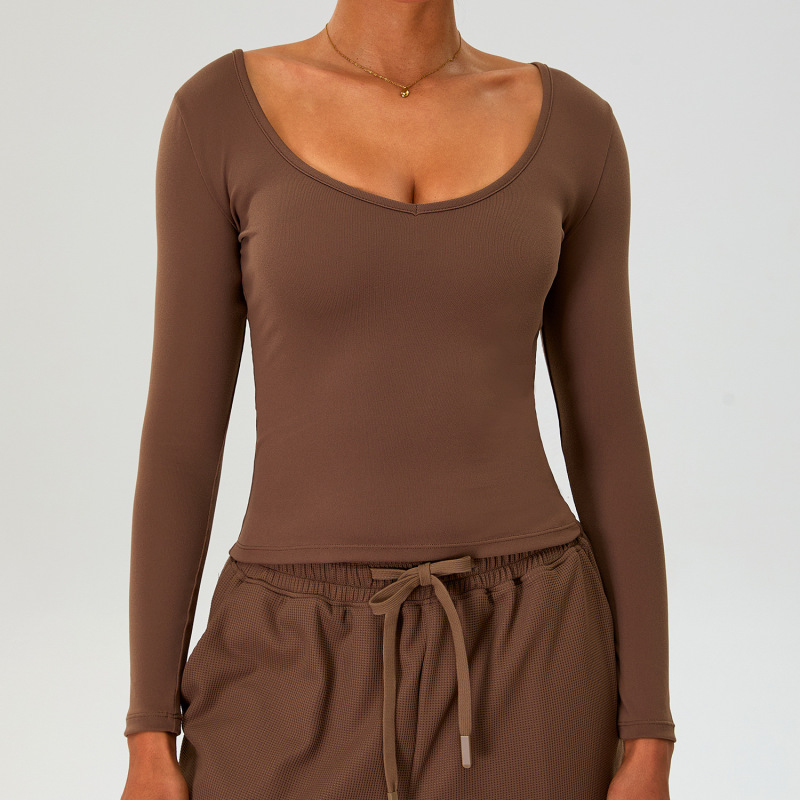 Autumn/Winter New Style Nude Feel Warm Slim Fit Long-Sleeved Yoga Top for Women, Outdoor Fitness, V-Neck, Two-Way, Off-Shoulder